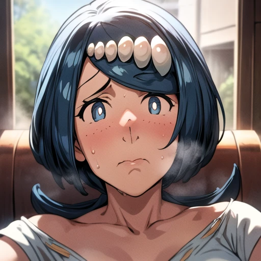 masterpiece, best quality,highly detailed eyes,highly detailed face,anatomically correct,lanamother, white pupils, long hair, hair ornament, shirt, blue and white skirt, short sleeves, large breasts, mature woman, sitting, looking at viewer, (twilight), collarbone,shiny skin,(face focus:1.4),(disgust:1.4),dark skinned female,shiny mouth,cold sweat,(steaming body),perky breasts