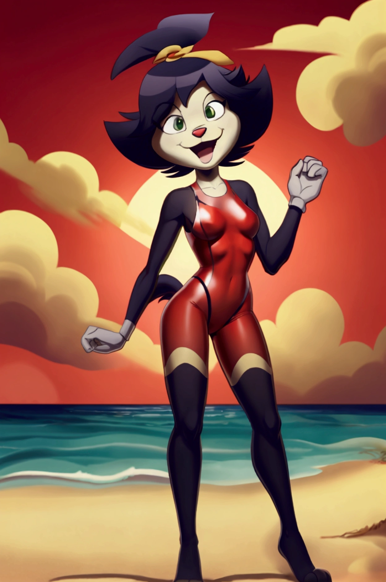 Full length cartoon dog slim in red lycra swimsuit on the beach with happy face green eyes black hair
