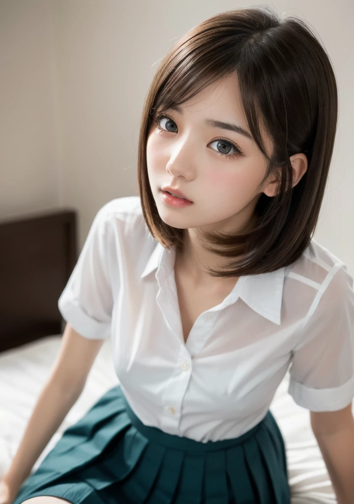 (masterpiece:1.3)、Super detailed finish、(High resolution、8k:1.3)、(highest quality)、(Super realistic like a photo:1.3)、correct limbs、anatomically correct, The face is in focus、close up on face, ultra high definition face、Face is in focus、Ultra high definition and beautiful eyes、(focused eyes、Eyes are symmetrical:1.3)、High-definition and beautiful skin、firm skin、Ultra high definition hair texture、japanese woman、20 years old、very cute, short hair, Office lady suit:1.1, white shirt:1.3, (lying face up on the bed:1.3), (shy、dynamic pose:1.3), small breast, (very embarrassed:1.1), (blush:1.3), multiple angles, bedroom、(looking at viewer:1.2), nsfw