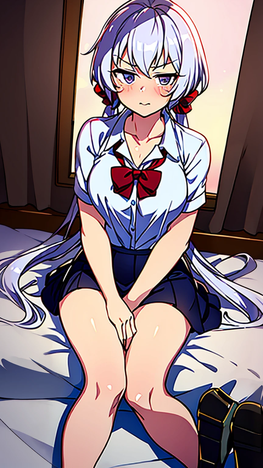 A woman in a short skirt is sitting on a bed, (((Having sex))),Twin tail hair, Eyes are round, Silver-haired madman, At the hotel, Cute school girl, High resolution!!, calm down, 8k High resolution,