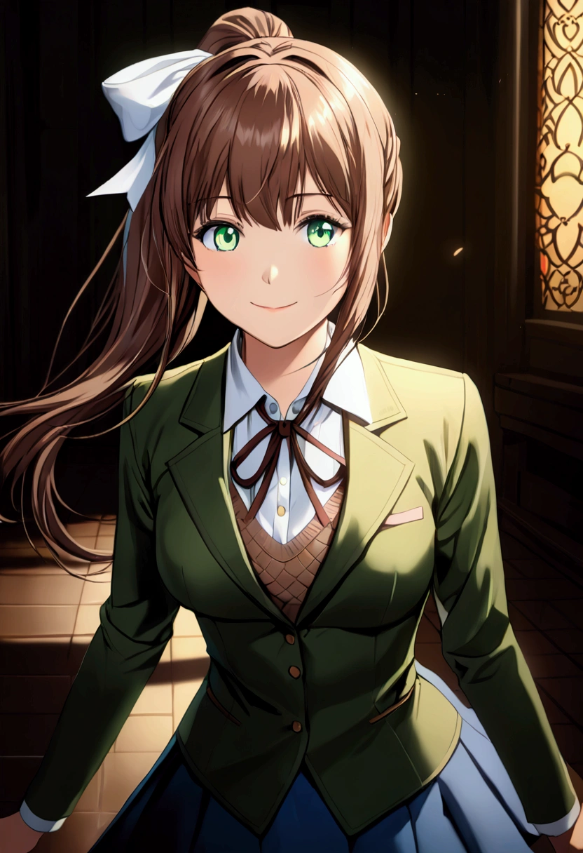 ((full pose:1.5)), ddlcmonika, blunt bangs, brown hair, (green eyes:1.5), long hair, ponytail, ribbon, white ribbon, hair ribbon, sidelocks, blazer, brown sweater, collared shirt, neck ribbon, blue skirt, black legwears, pink shoes, ((happy face:1.4)), ((medium breasts:1.4)), 
BREAK (masterpiece:1.2), best quality, high resolution, unity 8k wallpaper, (illustration:0.8), (beautiful detailed eyes:1.6), extremely detailed face, perfect lighting, extremely detailed CG, (perfect hands, perfect anatomy)