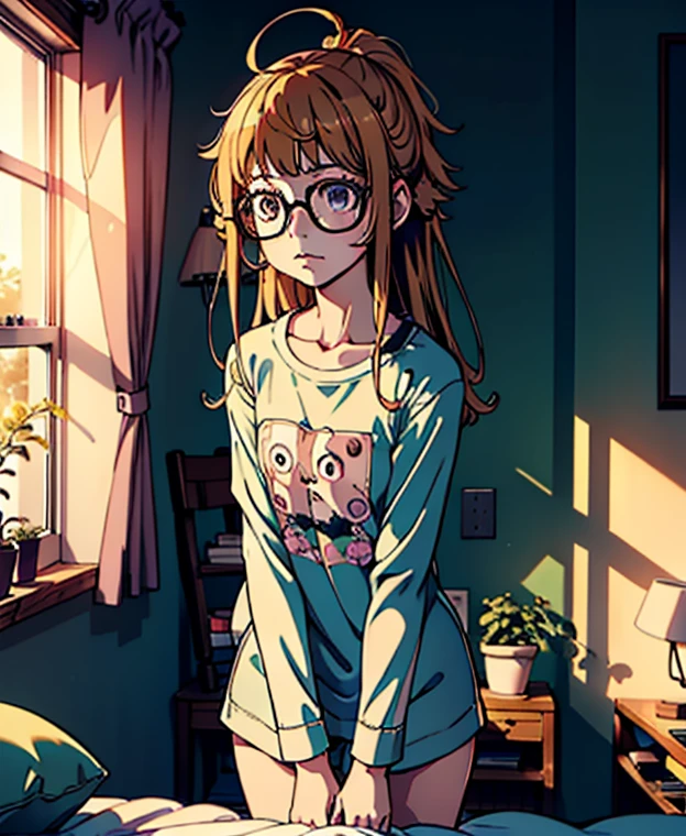 hyper quality, hyper detailed, perfect drawing, Alone, futaba, futaba sakura, person 5, blush, legs open (30cm), Embarrassed expression, moist eyes, fine fabric pajamas, in the room, front light, light forward, sunlight, clearface, masterpiece, hyper quality, hyper detailed, CG, 3d, 8k,