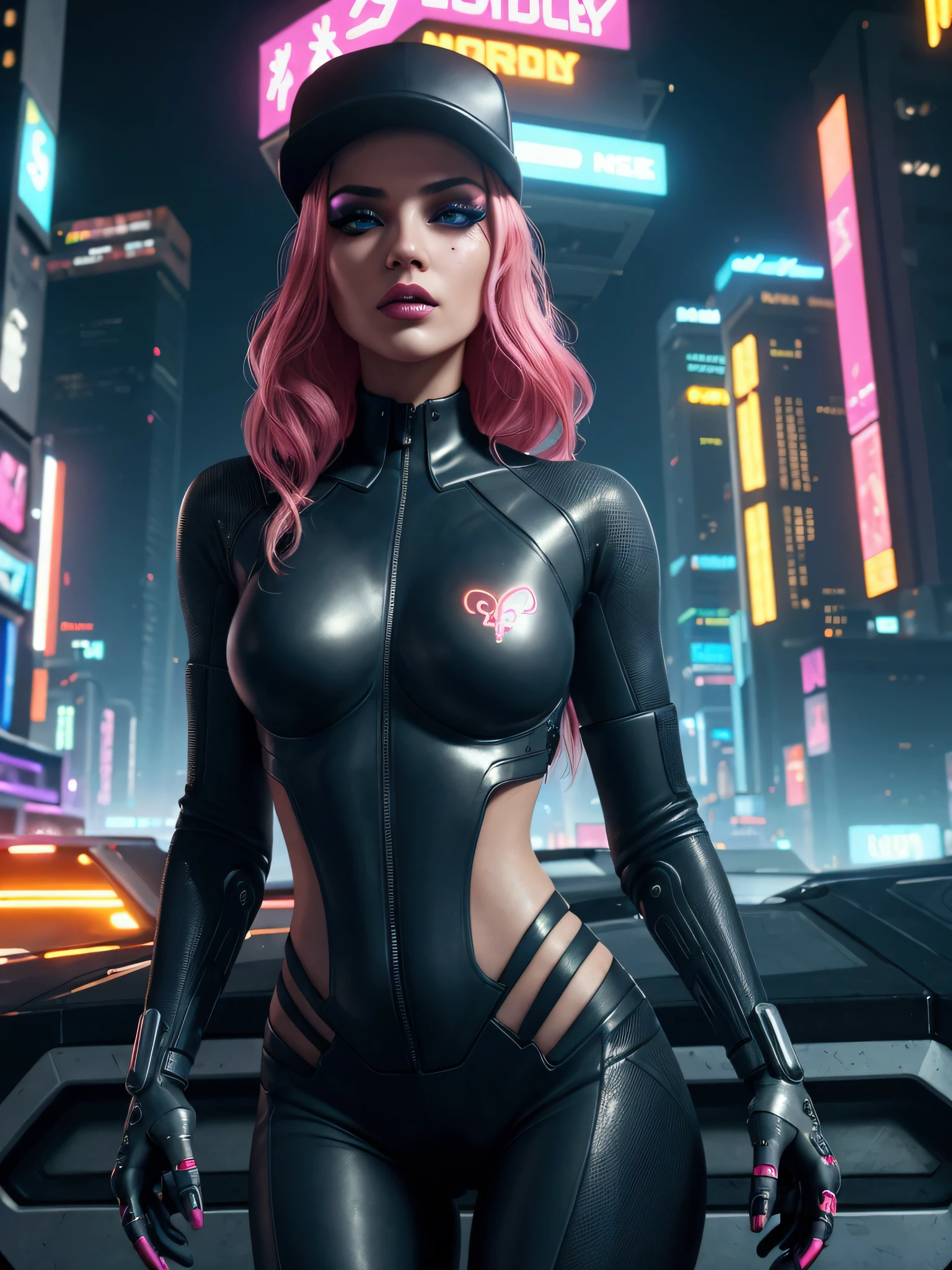 a beautiful woman, futuristic underground style, fit body, sensual clothing, futuristic city, wearing cap and tattoos, 8k, full body image, photorealistic, detailed facial features, detailed eyes, detailed lips, beautiful face, long eyelashes, cinematic lighting, vibrant colors, neon lights, dystopian, cyberpunk, hyper-detailed, intricate details, high quality, masterpiece