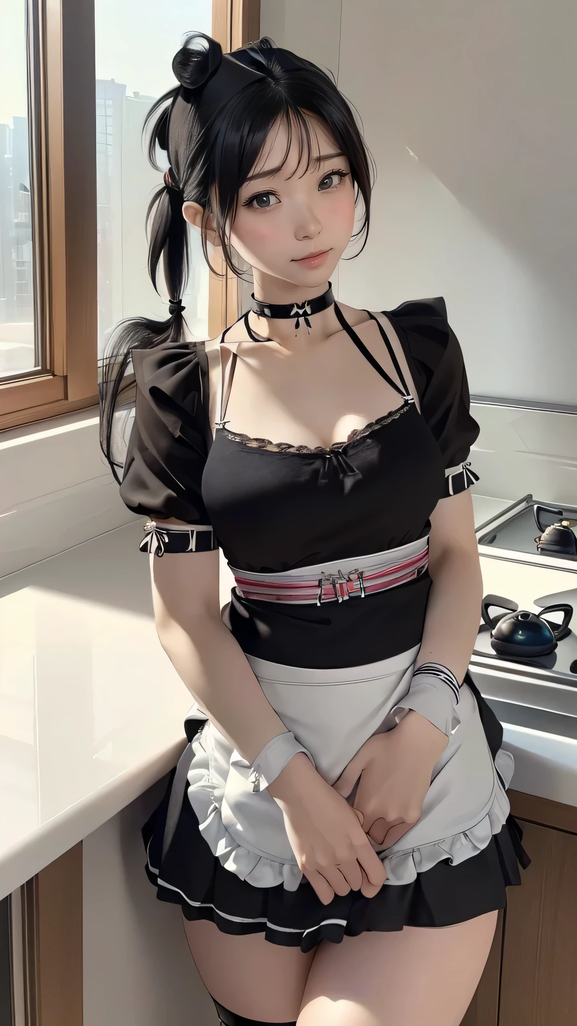 masterpiece、1girl、Woman in apron posing in kitchen、flawless anatomy、Beautiful Asian Woman、Symmetrical limbs、Five fingers of a person、Realistic kitchen、Apron on sexy skin、Sexy look on camera、big chest、Double eyelids、16K、maximum quality、beautiful korean woman、good hand、 goddess of Japan、Lustrous skin、an ultra realistic、Photo from the knee up, 2 girls, , armpit, blonde, necklace, black stocking, hand stocking, big boobs, cat ears, tail fox, big ass, armpit, emo, emo style, rock style