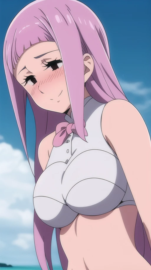 ((masterpiece)), ((best quality)), melascula, empty eyes, 1girl, solo, long_hair, medium_breasts, pink_hair, purple hair, blunt bangs, smile, blush, beach, full bikini,culo,vagina,ano