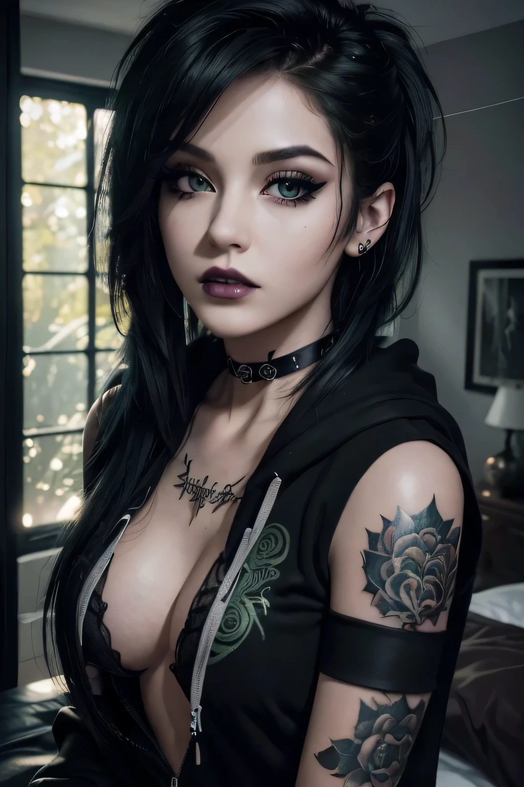 (best quality, 4K, 8K, high resolution, masterpiece: 1.2), ultra detailed, (realistic, photorealistic: 1.37), 1 girl, woman, emo hairstyle, black lips, choker, eyeliner, eyeshadow, mascara, smoky eyes, bedroom, natural lighting, beautiful detailed green eyes, perfect face, emo, medium breasts, perfect anatomy, hoodie, over the shoulder, tattoo.