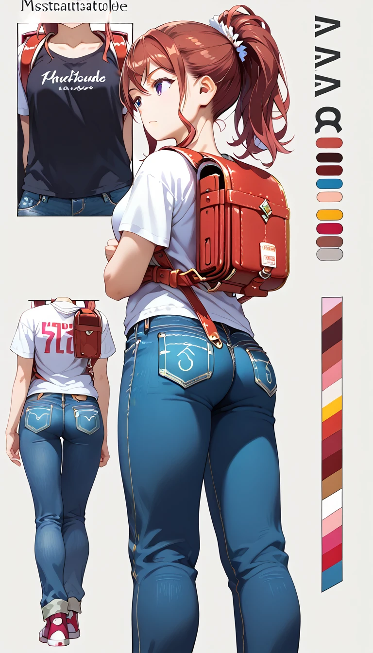 (draw) ((masterpiece, best quality)) (character design sheet, same character, front, side, back, with words written around it) a woman with long, red hair and a ponytail hairstyle, brown eyes, wearing a bulletproof vest, a long-sleeved T-shirt with the zipper closed, a white shirt and jeans, backpack, standing relaxing