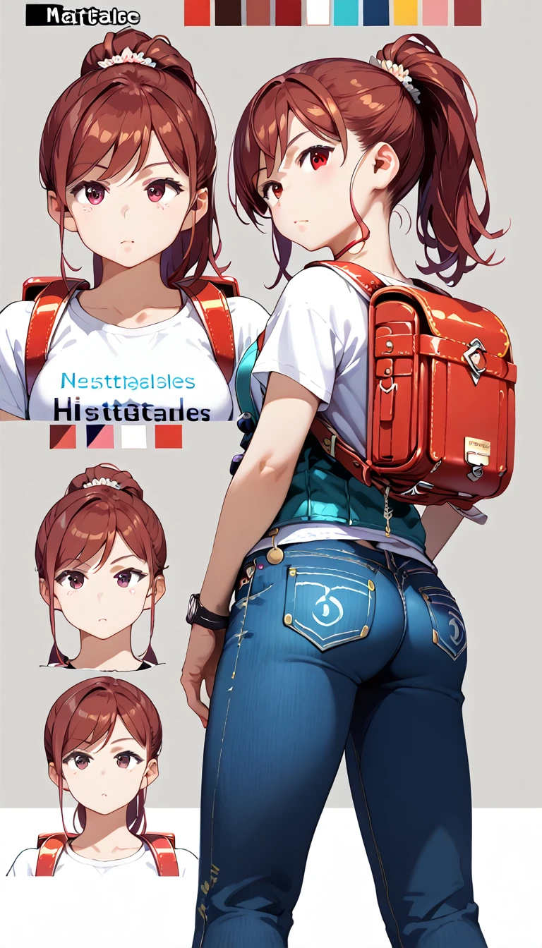 (draw) ((masterpiece, best quality)) (character design sheet, same character, front, side, back, with words written around it) a woman with long, red hair and a ponytail hairstyle, brown eyes, wearing a bulletproof vest, a long-sleeved T-shirt with the zipper closed, a white shirt and jeans, backpack, standing relaxing