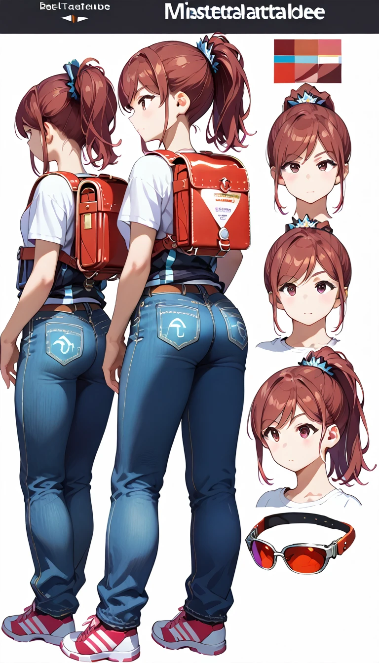 (draw) ((masterpiece, best quality)) (character design sheet, same character, front, side, back, with words written around it) a woman with long, red hair and a ponytail hairstyle, brown eyes, wearing a bulletproof vest, a long-sleeved T-shirt with the zipper closed, a white shirt and jeans, backpack, standing relaxing