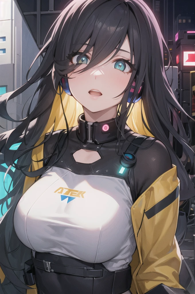 (masterpiece, top quality, best quality, extreme detailed, highest detailed, official art, cinematic composition, beautiful and aesthetic:1.2), colorful, (finely detailed eyes:1.1), beautiful face, perfect body, 1girl, solo, night city, urban city, laterns, street, black | yellow bomber jacket, (neon lights:1.1), small breasts, sfw, stars, (headphone:1.1), (cyberpunk:1.1), (science fiction:1.1), (look up:1.2), (public:1.2)