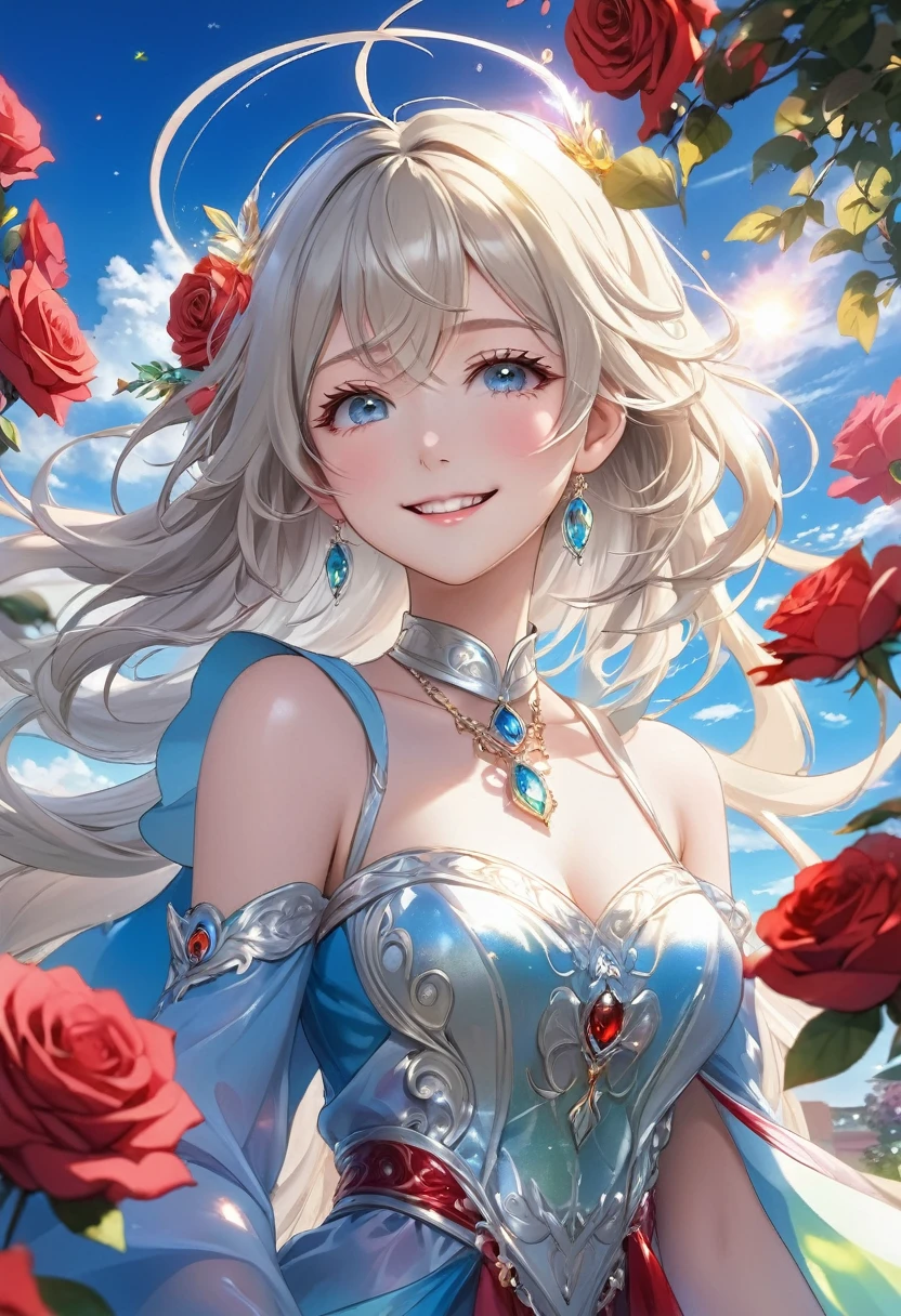 (masterpiece、Best Quality、8k、High resolution)、(1 female、Beautiful Face、Beautiful Eyes、Beautiful Lips)、smile、The upper white teeth are faintly visible、Silver blonde medium hair、(The best girl in anime)、garden、blue sky、Colorful flowers are blooming、Vibrant colors、Red roses are beautiful、(body、whole bodyから神秘的な光の粒子、Colorful light particles、A mysterious light shining around your head)、melt、jewelry、necklace、dress、(whole body)、High definition anime art、A complete portrayal、