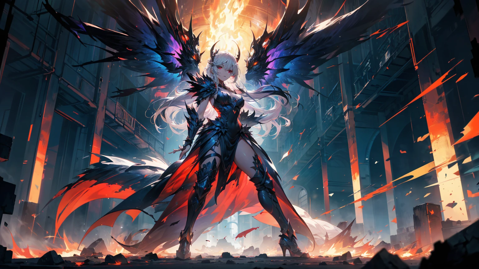 (((masterpiece, best quality, high detailed, 16k))), perfect beauty, female warrior, (heterochromia:1.3), (left eye blue), (right eye purple), shining eyes, beautiful eyelashes, beautiful lips, white curtain long hair, fire dragon armor, pair proportional wings, ethereal glow, determined expression, standing atop a shattered battlefield, flames and shadows swirling around her, , ancient ruins in the background, radiating power,  (full body), (dramatic lighting), (extremely detailed:1.5), (dynamic pose) 