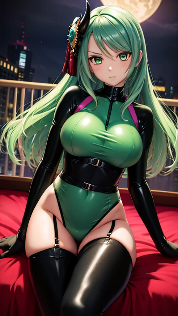 ((masterpiece,Highest quality:1.3)),cowboy shot,1woman,30 year old beauty,Investigator、独奏,((very small head:1.4)),green hair,(low ponytail),long hair,blunt bangs,green eyes,gorgeous eyes,shy,tears,Heavy breathing、medium breasts,(very long body:1.4),(toned body,slender body,skinny),gleaming skin,shiny skin,(Black leotard、Green Line、Long sleeve),((High leg、barefoot))、Wet crotch、sitting,Simple bed、Dingy motel、cyber punk、World of Blade Runner、