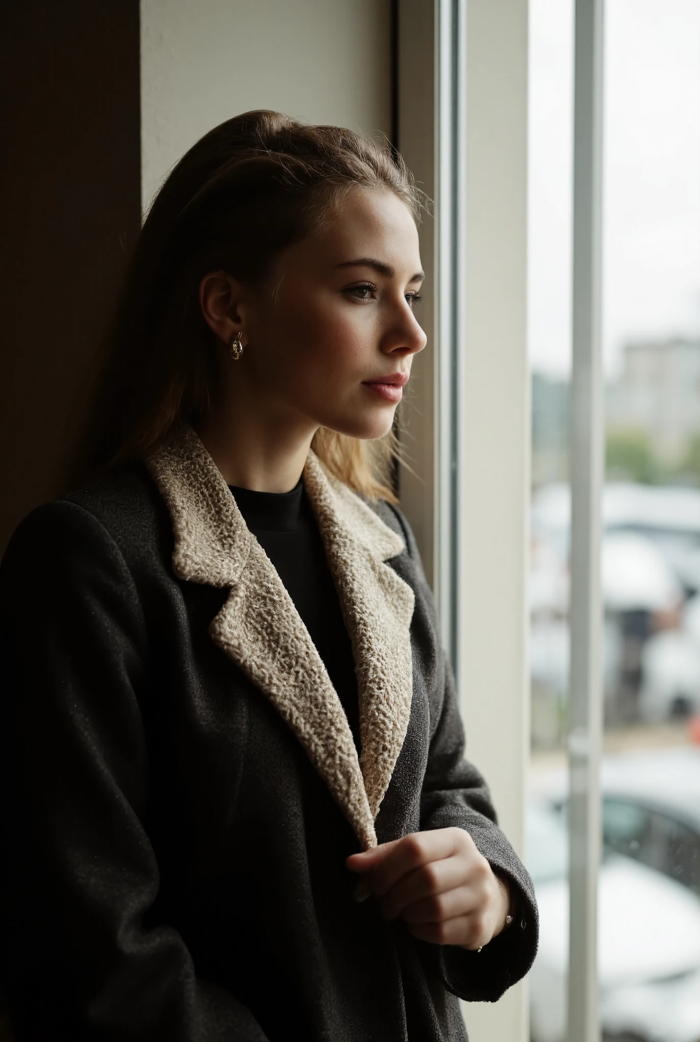 Create a highly detailed and professional photographic portrait of a woman gazing out of a window. The woman is dressed in an exquisite, high-fashion suit, adorned with luxurious and sophisticated details. The natural light streaming through the window softly illuminates her face, highlighting the intricate features of her attire. Her expression is serene and contemplative, adding a touch of mystery and depth to the image. The background is minimalist, ensuring that all attention is focused on the woman and her elegant outfit. The scene should capture the essence of elegance and sophistication, with a focus on the interplay of light and shadow, the texture of the fabrics, and the subtle nuances of her expression. The overall composition should evoke a sense of timeless beauty and grace, with every element meticulously arranged to create a visually stunning and emotionally evocative portrait.