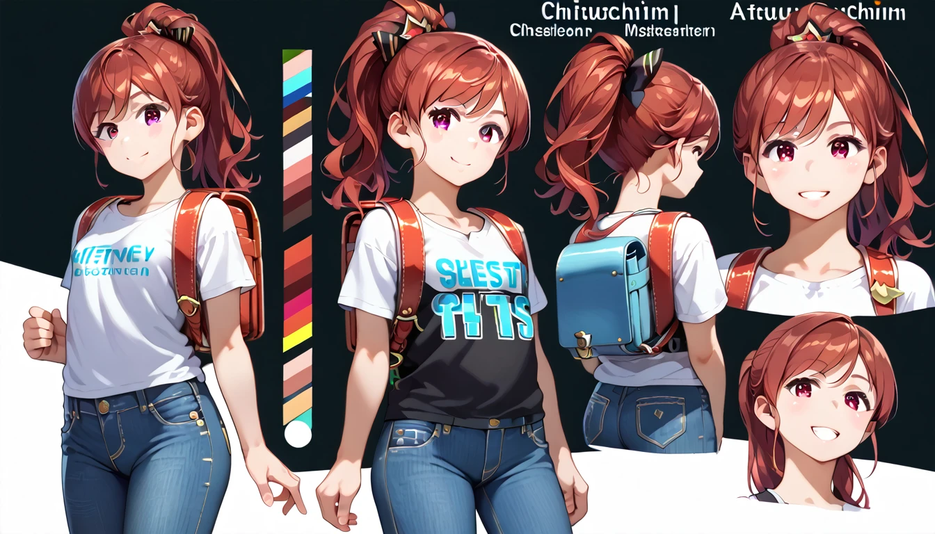 score_9, score_8_up, score_7_up, 1girl, ChiguchiMP, masterpiece, best quality, ultra high res, smiling, happy, (detailed eyes:1.2), (draw) ((masterpiece, best quality)) (character design sheet, same character, front, side, back, with words written around it) a woman with long, red hair and a ponytail hairstyle, brown eyes, wearing a bulletproof vest, a long-sleeved T-shirt with the zipper closed, a white shirt and jeans, backpack, standing relaxing