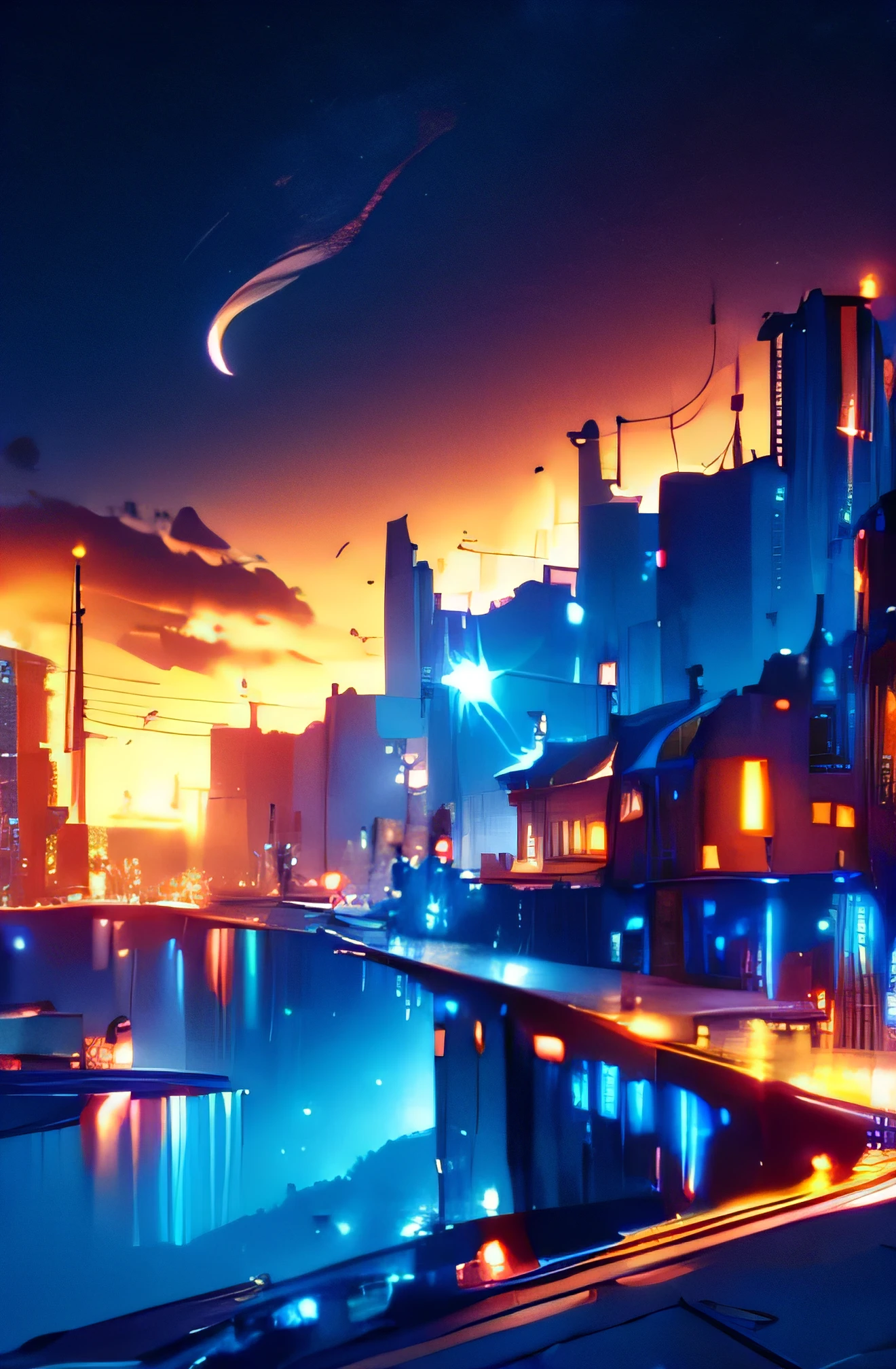 Ultra high quality, , Ultra-high resolution, Very detailed, 8k, Very detailed city, night, A huge airship floats, Dramatic Shading, Background is a dark color combination, Vast landscape photography, No text, interstellar beauty, Vibrant colors, Play of light and shadow, High Contrast, Future City, A city with beautiful night views, Light leaking from the windows of a building, Light Gradient, A sky full of stars, Regular light, low gravity