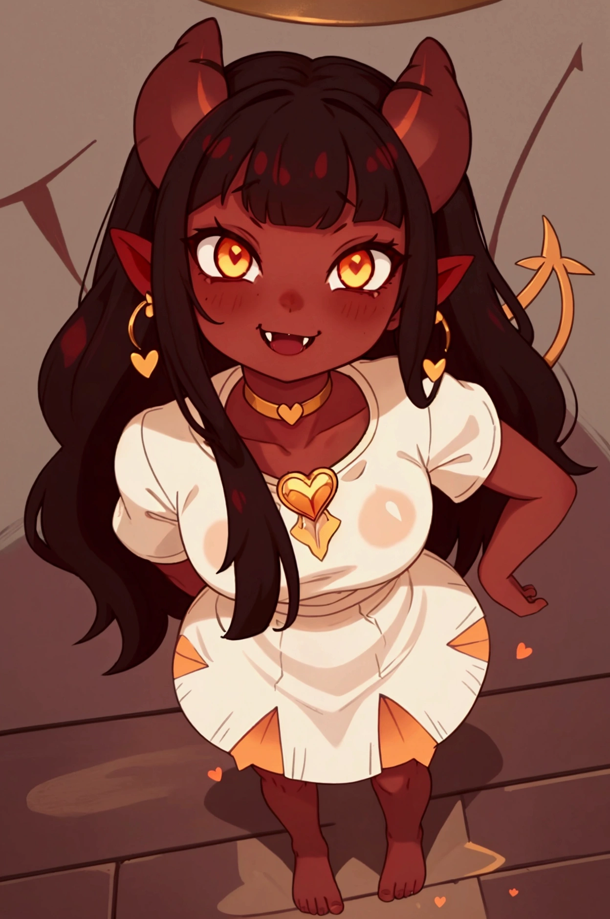 
( tan skin), colored skin, full body, dark black hair, (Brown hazelnut eyes,glowing eyes), adorable horns, horns, (demon tail), (heart shaped demon tail), fangs,  bloodlust, bangs, choker, white dress with gold trim, gold heart trim, simple white dress, demon hairbow in hair, gold earrings, evil smile, evil love look, evil eyes, seductive eyes, seductive look, background is a gold castle in hell, devils daughter, barefoot, barelegs, 