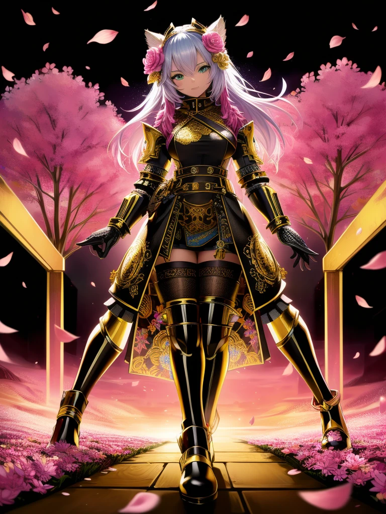 absurdres, highres, ultra detailed, (1girl:1.3), 
shine latex and gold metal intricate steampunk Samurai armor, 
dynamic, psychedelic, fractal patterns, geometric figures, dynamic, pastel colors, 
(flowers, petals), (black and yellow color:1),