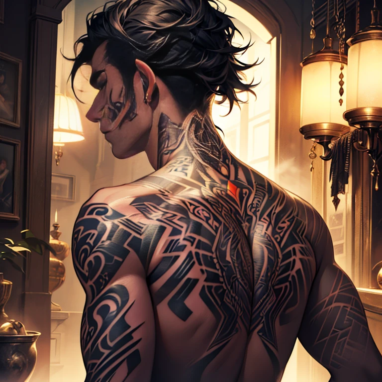 Elaborate(Back Tattoo:1.6)を入れた美しくElaborateエイリアン、Stunningly original design、Unique color tones、Elaborate顔の特徴、Dramatic lighting、Very sophisticated、Cinematic、Ultra-realistic、8k、masterpiece、Award-winning、Dramatic chiaroscuro lighting、Bright colors、Moody atmosphere、Photorealistic