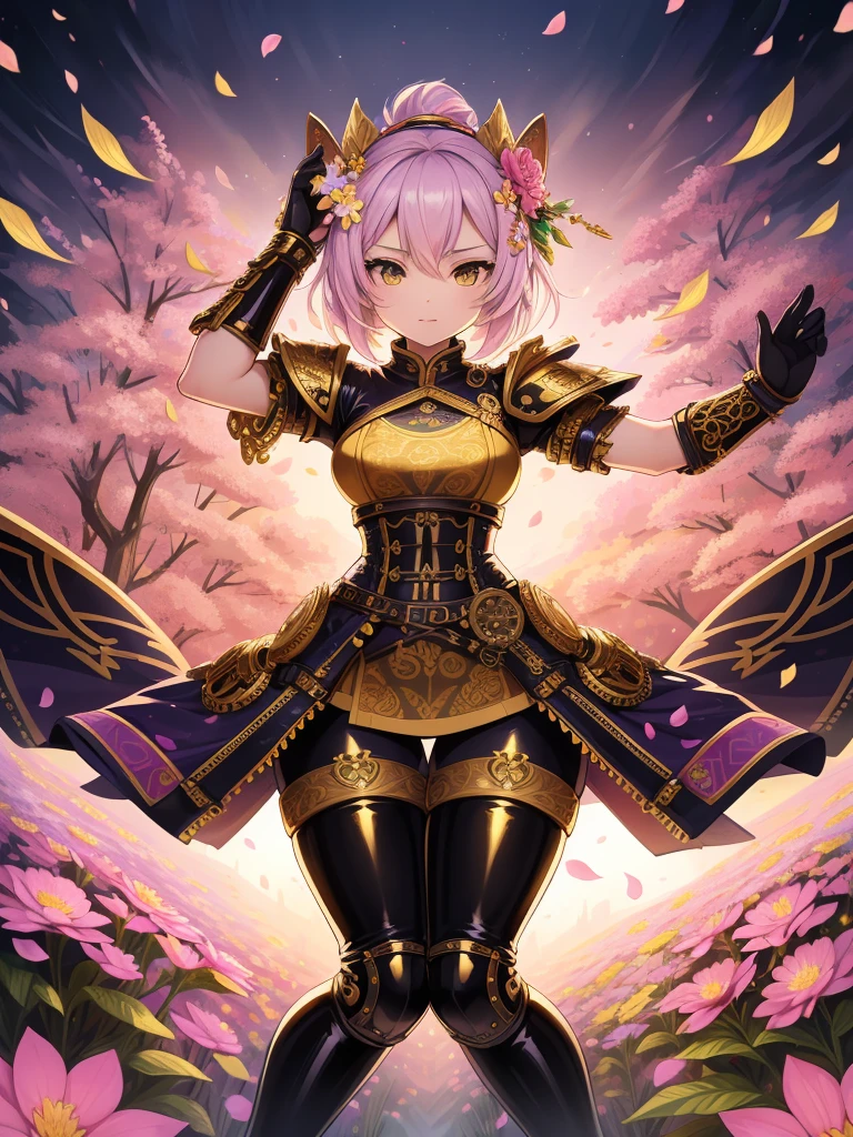 absurdres, highres, ultra detailed, (1girl:1.3), 
shine latex and gold metal intricate steampunk Samurai armor, 
dynamic, psychedelic, fractal patterns, geometric figures, dynamic, pastel colors, 
(flowers, petals), (black and yellow color:1),