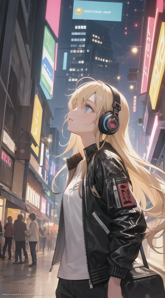 (masterpiece, top quality, best quality, extreme detailed, highest detailed, official art, cinematic composition, beautiful and aesthetic:1.2), colorful, (finely detailed eyes:1.1), beautiful face, perfect body, 1girl, solo, night city, urban city, laterns, street, black | yellow bomber jacket, (neon lights:1.1), small breasts, sfw, stars, (headphone:1.1), (cyberpunk:1.1), (science fiction:1.1), (look up:1.2), (public:1.2),long hair,gold hair,blue eyes,8k