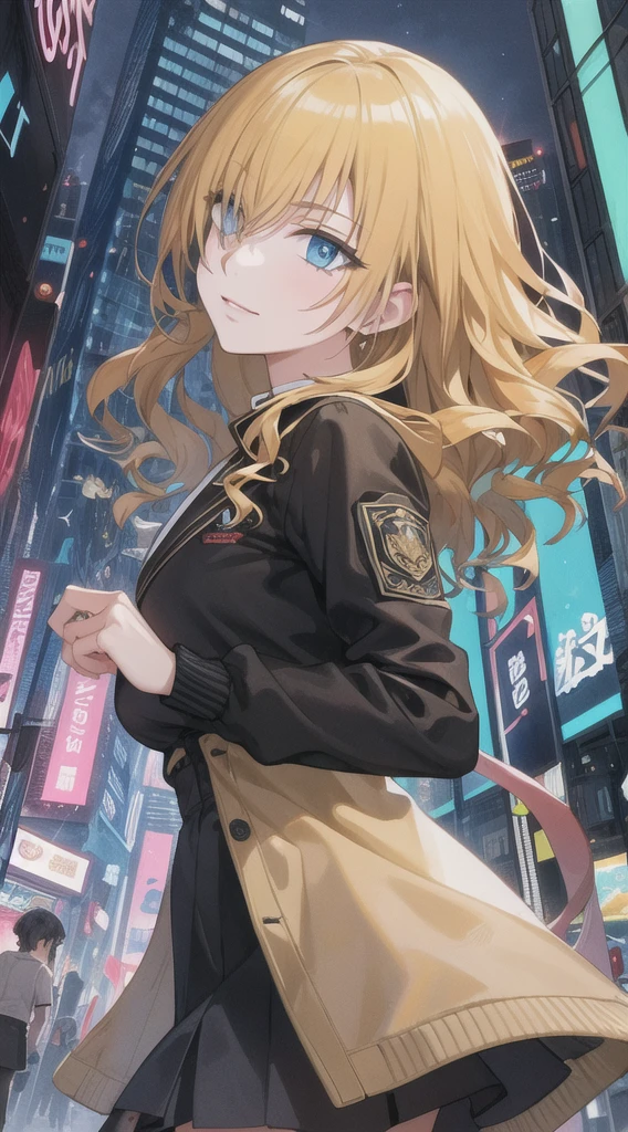 (masterpiece, top quality, best quality, extreme detailed, highest detailed, official art, cinematic composition, beautiful and aesthetic:1.2), colorful, (finely detailed eyes:1.1), beautiful face, perfect body, 1girl, solo, night city, urban city, laterns, street, black | yellow bomber jacket, (neon lights:1.1), midium breasts, sfw, stars, (cyberpunk:1.1), (science fiction:1.1), (look up:1.2), (public:1.2),long hair,gold hair,blue eyes,8k,adult woman