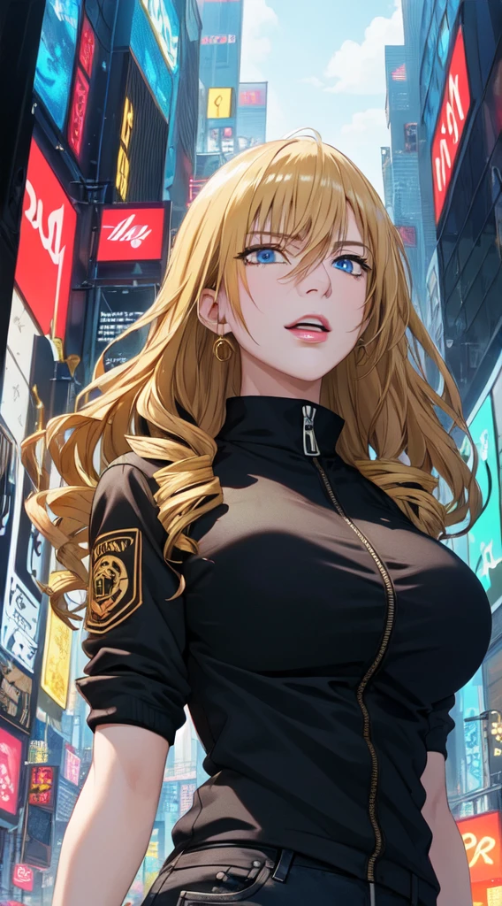 (masterpiece, top quality, best quality, extreme detailed, highest detailed, official art, cinematic composition, beautiful and aesthetic:1.2), colorful, (finely detailed eyes:1.1), beautiful face, perfect body, 1girl, solo, night city, urban city, laterns, street, black | yellow bomber jacket, (neon lights:1.1), midium breasts, sfw, stars, (cyberpunk:1.1), (science fiction:1.1), (look up:1.2), (public:1.2),long hair,gold hair,blue eyes,8k,adult woman