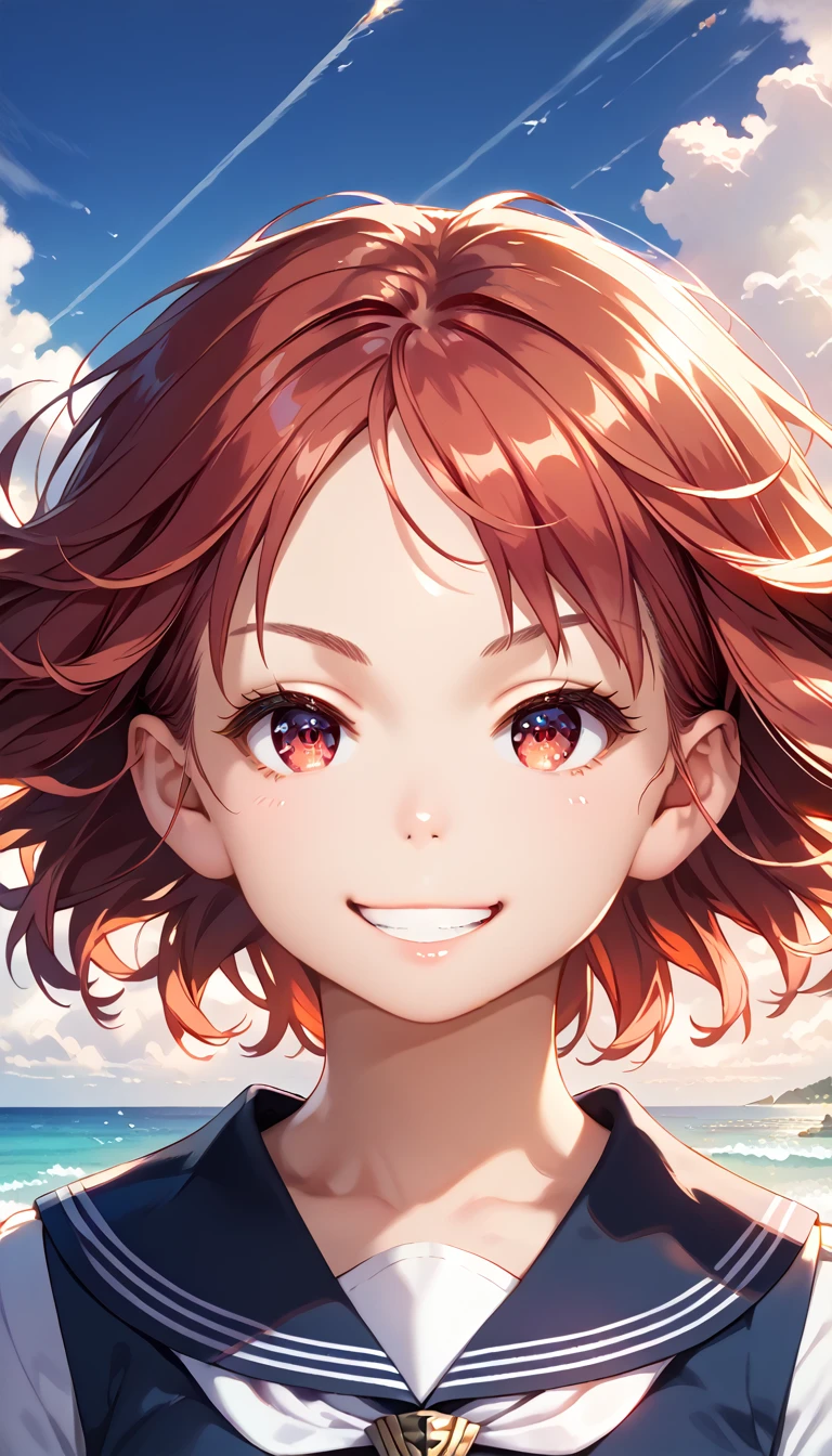 score_9, score_8_up, score_7_up, 1girl, ChiguchiMP, masterpiece, best quality, ultra high res, smiling, happy, (detailed eyes:1.2), {{masterpiece, best quality, extremely detailed CG, unity 8k wallpaper, cinematic lighting, }}, Sony α7, wide frame, South Pacific, during war with Asian powers, wind blowing on Aegis ship, 1Girl, smile, she is a US Navy sailor, Caucasian, 20 Years Old, Smile, red Hair, Short Bob, red eyes , long eyelashes ,