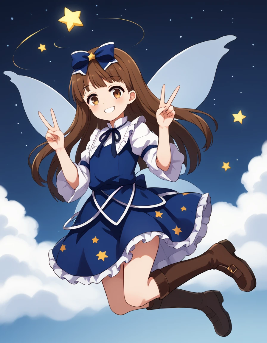 Score_9, sauce_anime, evaluation_Explicit Blake One Girl, East, star sapphire,Long Hair, Fairy Wings, Brown eyes, Brown Hair,  Hair Ribbon,
Blue Dress, Juliet Sleeve, Brown boots, ribbon, (star-printed skirt, starry skirt:1.2), star \(symbol\),
Double V,
cloud, starry night sky, Flying, smile,