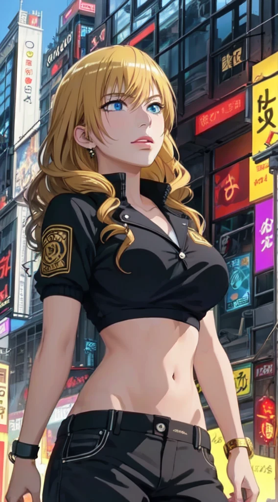 (masterpiece, top quality, best quality, extreme detailed, highest detailed, official art, cinematic composition, beautiful and aesthetic:1.2), colorful, (finely detailed eyes:1.1), beautiful face, perfect body, 1girl, solo, night city, urban city, laterns, street, black | yellow bomber jacket, (neon lights:1.1), midium breasts, sfw, stars, (cyberpunk:1.1), (science fiction:1.1), (look up:1.2), (public:1.2),long hair,gold hair,blue eyes,8k,adult woman