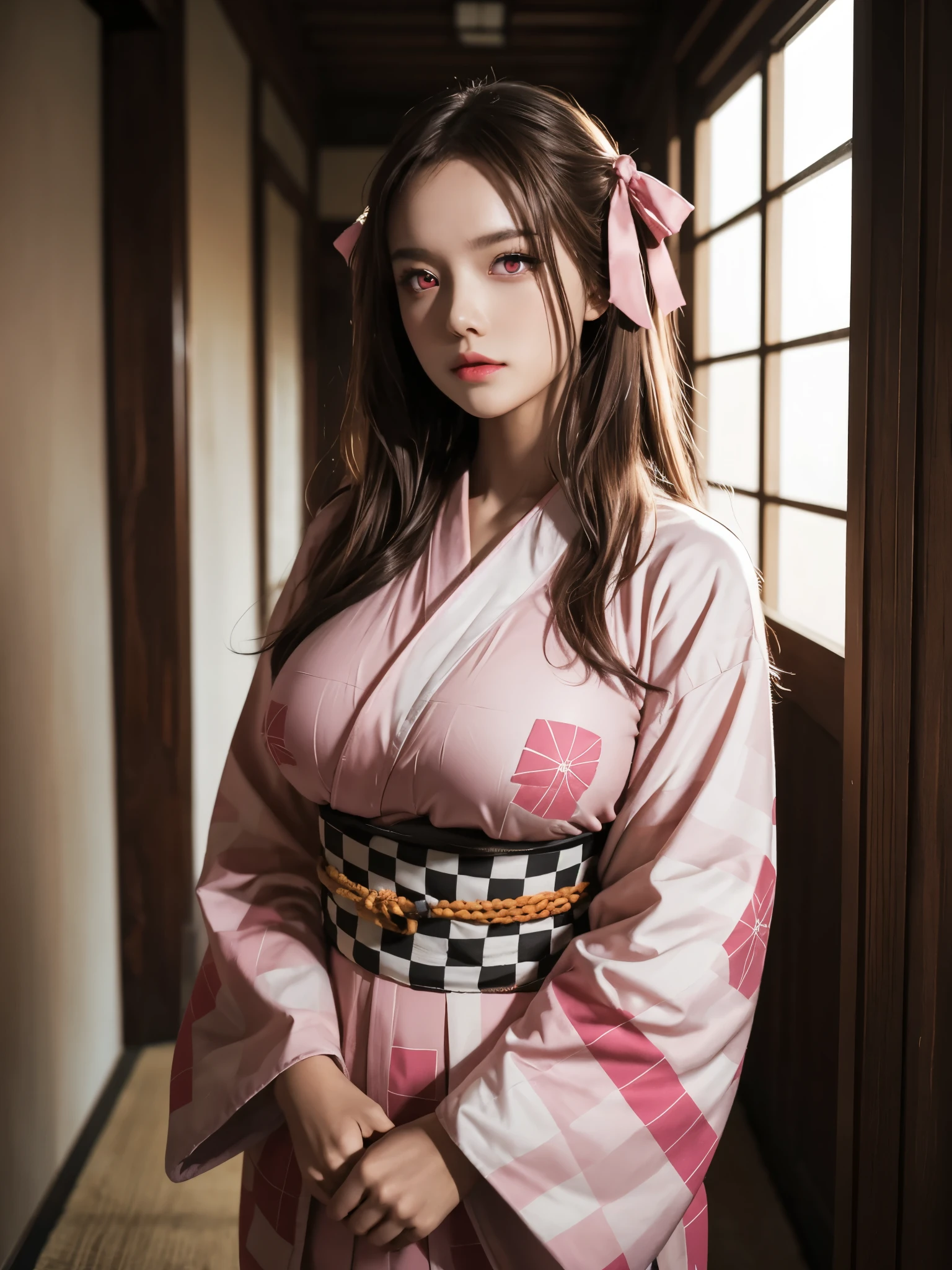 girl, pink kimono, geometric line pattern, (gigantic breasts:1.2), long sleeves, wide sleeves, long hair, ((black hair:0.6):(brown hair)), thighs, checkered sash, obi, forehead, looking at viewer, pink eyes, hair ribbons, (masterpiece, best quality:1.2), dark corridor, dark horror scene, rim lighting, dreamlike, supernatural, horror,