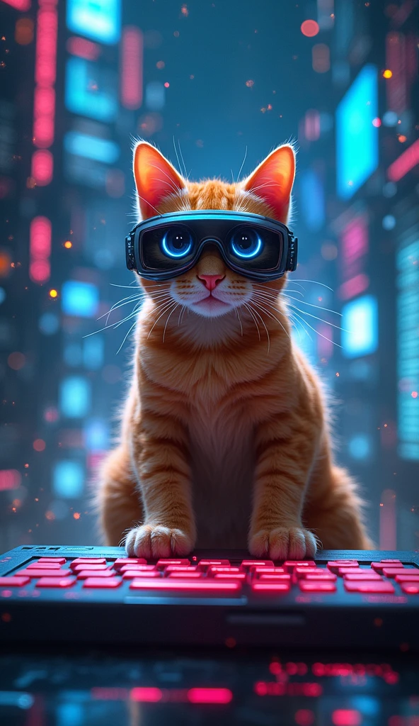 Visualize the cat floating in a digital matrix world. The background is filled with glowing data streams, floating numbers, and holographic computer screens. The orange tabby cat is in the center, sitting on a floating platform with its paws on a futuristic keyboard. It wears a sleek, high-tech visor, and there's an intense neon glow all around. The scene feels like the cat is hacking into a secret database in a sci-fi movie.