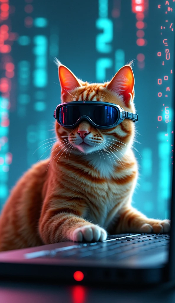 Visualize the cat floating in a digital matrix world. The background is filled with glowing data streams, floating numbers, and holographic computer screens. The orange tabby cat is in the center, sitting on a floating platform with its paws on a futuristic keyboard. It wears a sleek, high-tech visor, and there's an intense neon glow all around. The scene feels like the cat is hacking into a secret database in a sci-fi movie.