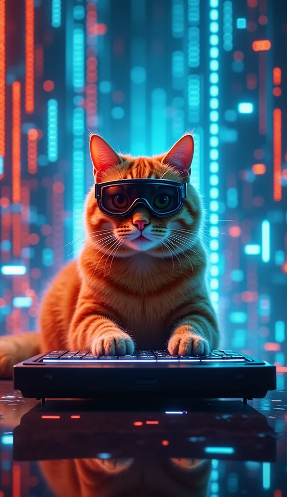 Visualize the cat floating in a digital matrix world. The background is filled with glowing data streams, floating numbers, and holographic computer screens. The orange tabby cat is in the center, sitting on a floating platform with its paws on a futuristic keyboard. It wears a sleek, high-tech visor, and there's an intense neon glow all around. The scene feels like the cat is hacking into a secret database in a sci-fi movie.