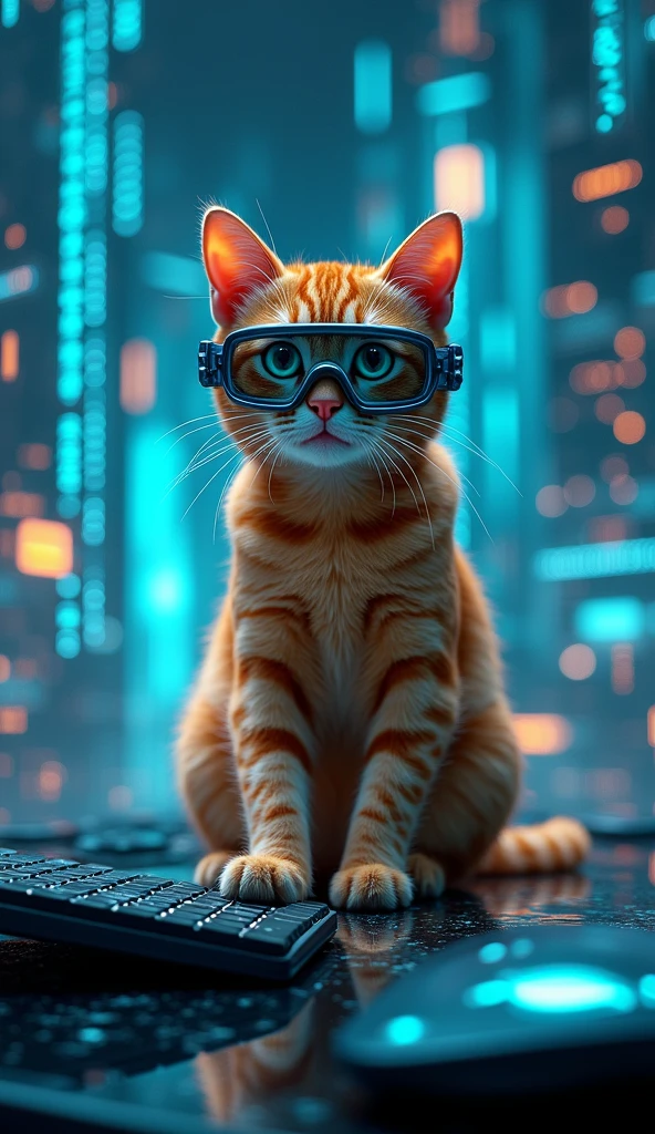 Visualize the cat floating in a digital matrix world. The background is filled with glowing data streams, floating numbers, and holographic computer screens. The orange tabby cat is in the center, sitting on a floating platform with its paws on a futuristic keyboard. It wears a sleek, high-tech visor, and there's an intense neon glow all around. The scene feels like the cat is hacking into a secret database in a sci-fi movie.