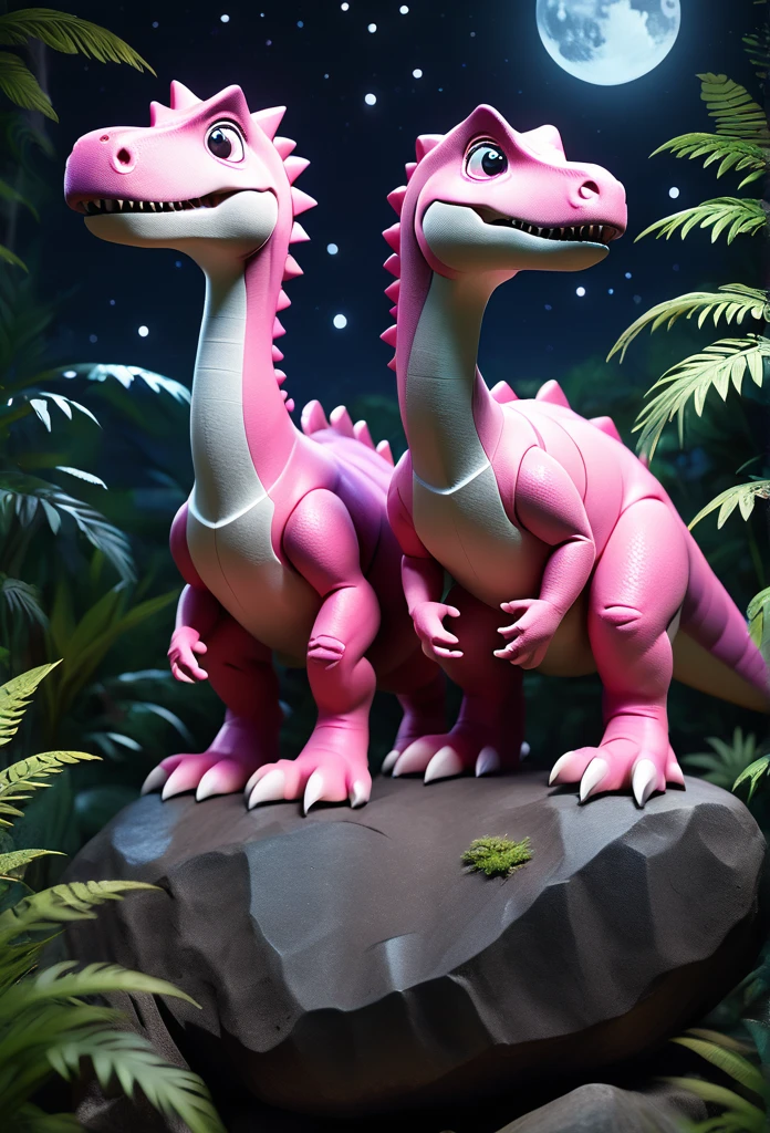 Anime Style, Cubism, Ultra-high resolution, Anatomically correct, High quality 3D simple cartoon style two pink dinosaurs sitting on a rock from behind。A sky of countless stars before your eyes。Looking up at the night view in the jungle。