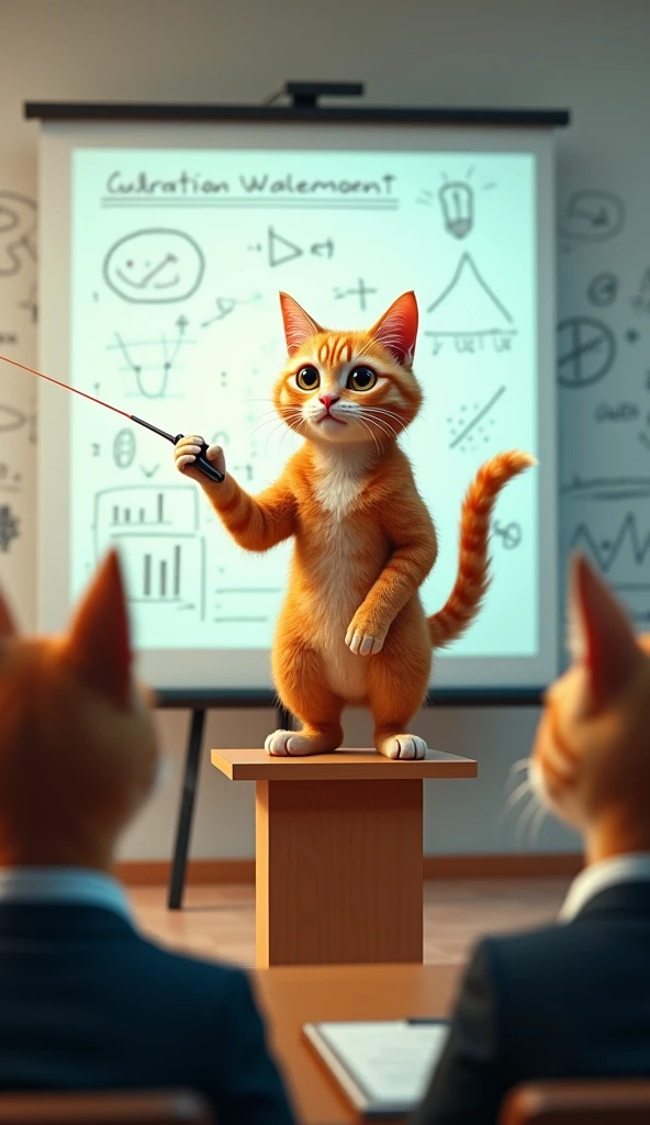 magine the orange tabby cat standing on a small podium, giving a presentation in front of a large screen. Behind the cat, there's a whiteboard filled with scribbled diagrams and charts. The cat points at the screen with a laser pointer in its paw, while the audience—other animals in business attire—watch attentively. The scene is bright and humorous, as the cat looks very serious about its presentation.