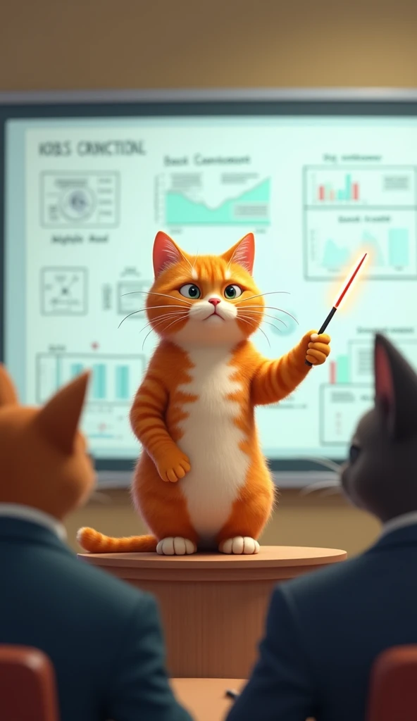 magine the orange tabby cat standing on a small podium, giving a presentation in front of a large screen. Behind the cat, there's a whiteboard filled with scribbled diagrams and charts. The cat points at the screen with a laser pointer in its paw, while the audience—other animals in business attire—watch attentively. The scene is bright and humorous, as the cat looks very serious about its presentation.