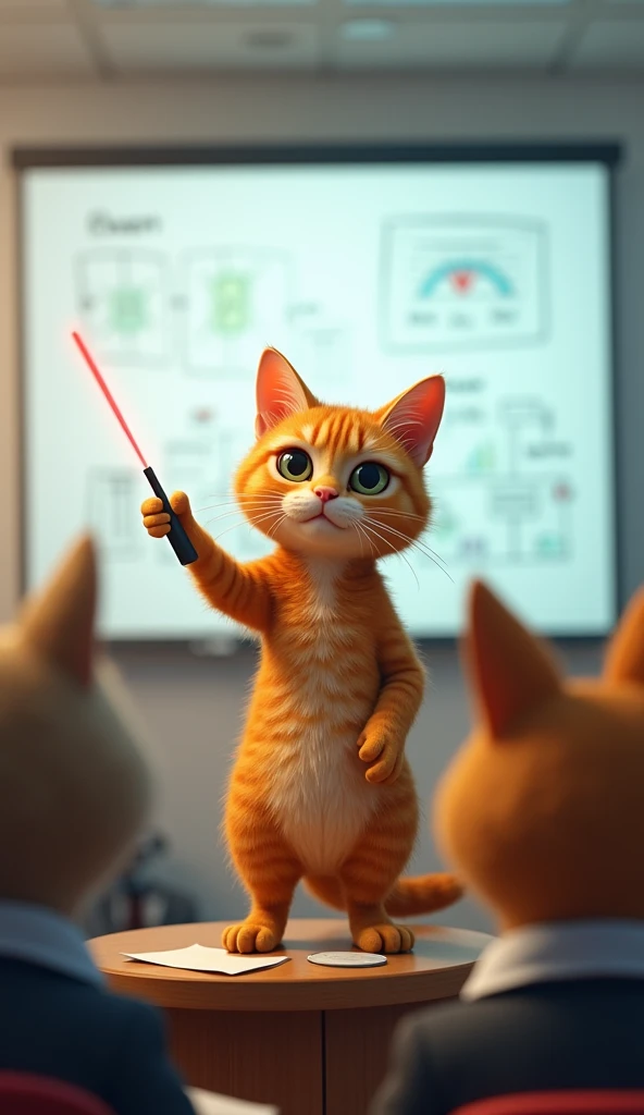 magine the orange tabby cat standing on a small podium, giving a presentation in front of a large screen. Behind the cat, there's a whiteboard filled with scribbled diagrams and charts. The cat points at the screen with a laser pointer in its paw, while the audience—other animals in business attire—watch attentively. The scene is bright and humorous, as the cat looks very serious about its presentation.