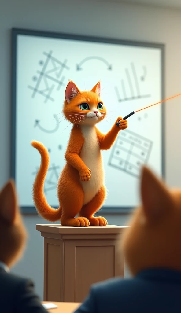 magine the orange tabby cat standing on a small podium, giving a presentation in front of a large screen. Behind the cat, there's a whiteboard filled with scribbled diagrams and charts. The cat points at the screen with a laser pointer in its paw, while the audience—other animals in business attire—watch attentively. The scene is bright and humorous, as the cat looks very serious about its presentation.