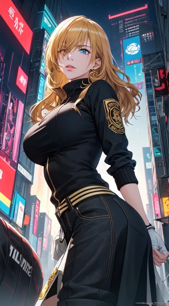 (masterpiece, top quality, best quality, extreme detailed, highest detailed, official art, cinematic composition, beautiful and aesthetic:1.2), colorful, (finely detailed eyes:1.1), beautiful face, perfect body, 1girl, solo, night city, urban city, laterns, street, black | gold bomber jacket, (neon lights:1.1), big breasts, sfw, stars, (cyberpunk:1.1), (science fiction:1.1), (look up:1.2), (public:1.2),long hair,gold hair,blue eyes,8k,adult woman