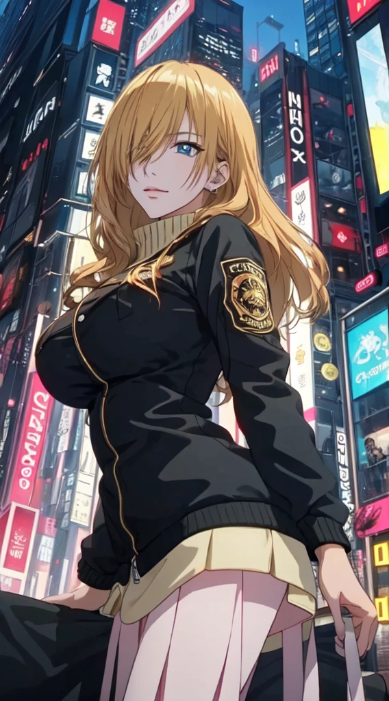 (masterpiece, top quality, best quality, extreme detailed, highest detailed, official art, cinematic composition, beautiful and aesthetic:1.2), colorful, (finely detailed eyes:1.1), beautiful face, perfect body, 1girl, solo, night city, urban city, laterns, street, black | gold bomber jacket, (neon lights:1.1), big breasts, sfw, stars, (cyberpunk:1.1), (science fiction:1.1), (look up:1.2), (public:1.2),long hair,gold hair,blue eyes,8k,adult woman