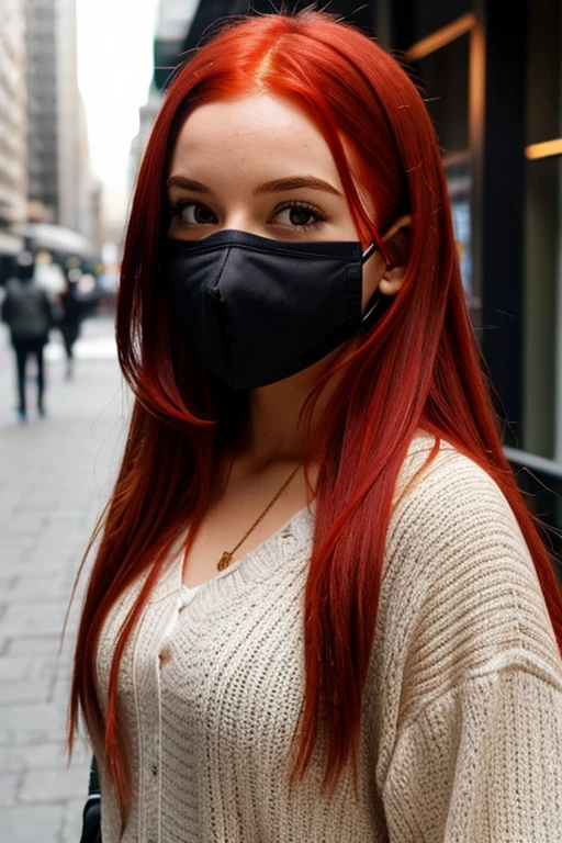 Une jeune femme de 25 ans, italienne aux cheveux mi-longs rouges et lisses, est assise dans un siège d'avion. On peut voir que Ses poignets sont entravés par des menottes, Une écharpe en soie rouge lui couvre juste la bouche , ajoutant une touche inquiétante à la scène. Dans spn regard on peut voir la peur