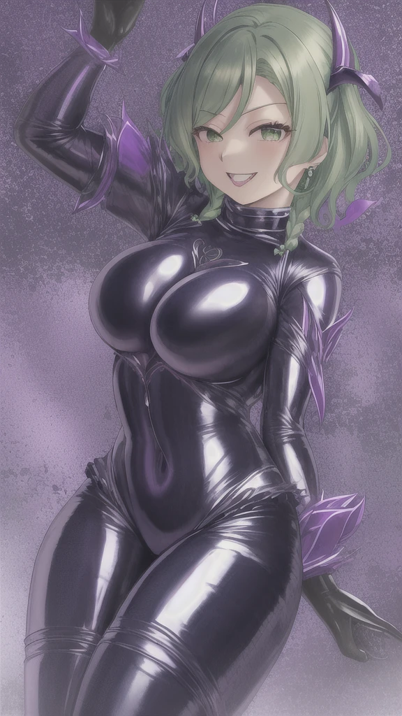  Erotic、Hikawa Hina、Light green short hair、Small breasts, Alone, Navy blue latex rubber suit turtleneck purple evil background、 Best Quality, Detailed face, detailed eyes, High resolution,、Evil female executive、smile、Sexy pose、Fallen into evil、Fall into Darkness、Dark Side、lure、Estrus