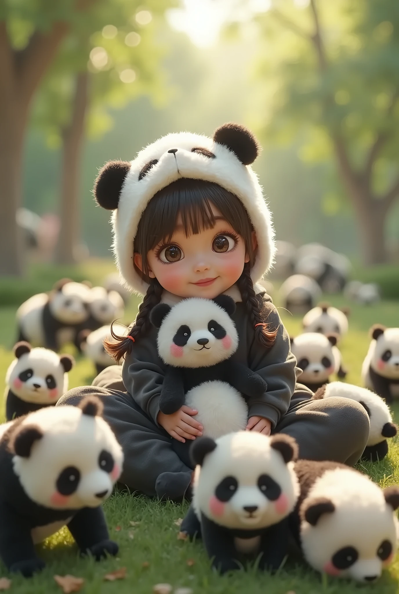 A cute little girl is especially happy playing with the panda 🐼