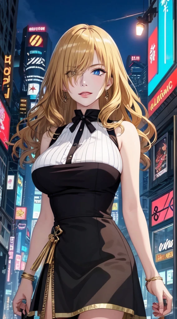 (masterpiece, top quality, best quality, extreme detailed, highest detailed, official art, cinematic composition, beautiful and aesthetic:1.2), colorful, (finely detailed eyes:1.1), beautiful face, perfect body, 1girl, solo, night city, urban city, laterns, street,gochic dress, (neon lights:1.1), big breasts, sfw, stars, (cyberpunk:1.1), (science fiction:1.1), (look up:1.2), (public:1.2),long hair,gold hair,blue eyes,8k,adult woman ,メイド服