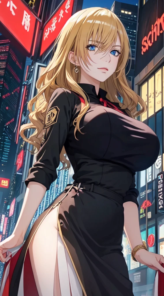 (masterpiece, top quality, best quality, extreme detailed, highest detailed, official art, cinematic composition, beautiful and aesthetic:1.2), colorful, (finely detailed eyes:1.1), beautiful face, perfect body, 1girl, solo, night city, urban city, laterns, street,gochic dress, (neon lights:1.1), big breasts, sfw, stars, (cyberpunk:1.1), (science fiction:1.1), (look up:1.2), (public:1.2),long hair,gold hair,blue eyes,8k,adult woman ,メイド服