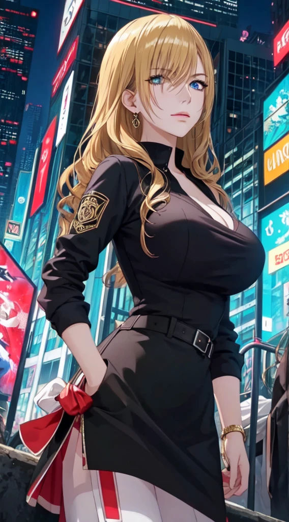 (masterpiece, top quality, best quality, extreme detailed, highest detailed, official art, cinematic composition, beautiful and aesthetic:1.2), colorful, (finely detailed eyes:1.1), beautiful face, perfect body, 1girl, solo, night city, urban city, laterns, street,gochic dress, (neon lights:1.1), big breasts, sfw, stars, (cyberpunk:1.1), (science fiction:1.1), (look up:1.2), (public:1.2),long hair,gold hair,blue eyes,8k,adult woman ,メイド服