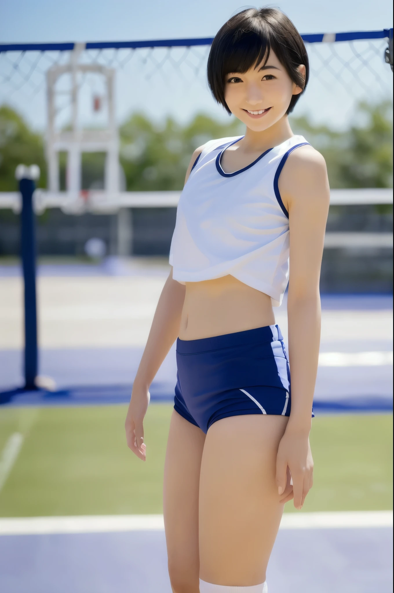 masutepiece、masterpiece、top-quality、ultra-detailliert、hight resolution、hight resolution、8K Portrait、High definition CG of Unity 8k wallpaper、Unity 8k壁纸、Highly detailed CG Unity 8k wallpaper、逼真、realperson、cute little、 Portrait photos、shinny skin、high-detail、(sixteen years old:1.2)、Beautiful clear eyes、Ultra-fine depiction、delicated face、Lovely lips、Slender body、big breasts thin waist、Thin leg、(Track and Field Arena:1.4)、(flat chest:1.8)、(Athletics uniforms:1.5)、(Nipple see-through:1.4)、(A slight smil)、(Curly shorthair:1.2)、(small tit)、cute face