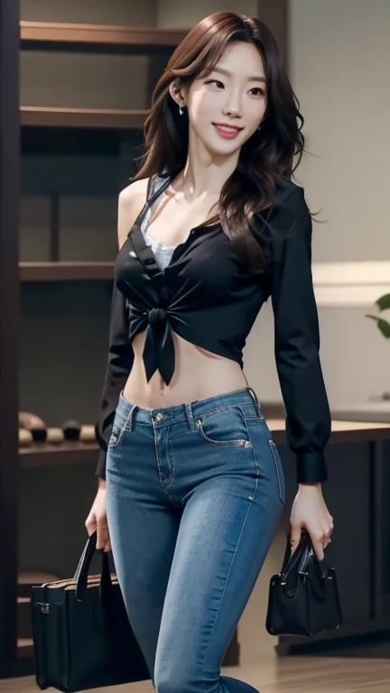 Acurate, 1 Taeyeon、Brown hair、black eyes、Semi-long、setting hair、Slender but well-proportioned muscular body、a smile、wearing a tie-front shirt、Abs are cracked、The navel is visible、Wearing black high heels、wearing very tight blue skinny jeans.、Breasts are big、Full Body from Head to Toe、Standing in a full height from head to the tip of the toe. The picture must capture from head to toe
